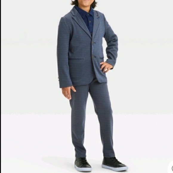 New!cat and Jack Knit navy stretch Boys Blue CheckeredBlazer & Pants Suit Set